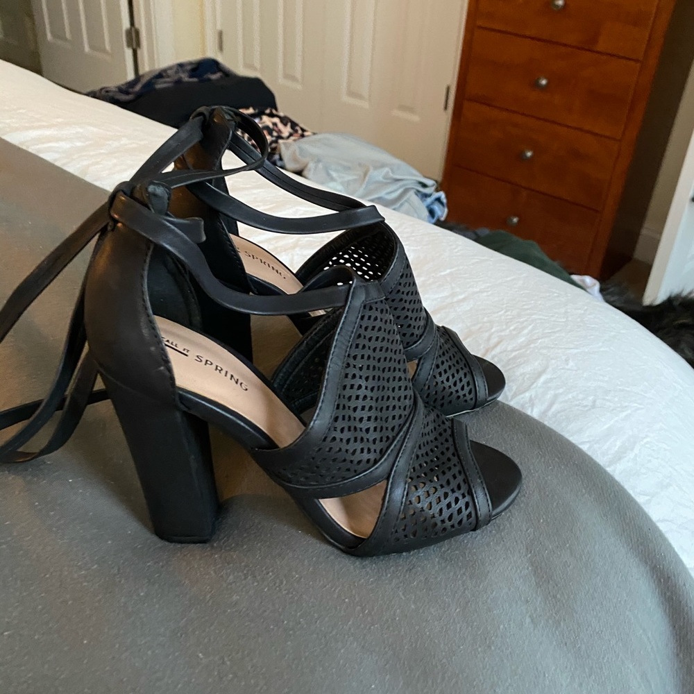 Call it spring black block heel with ankle tie, 7